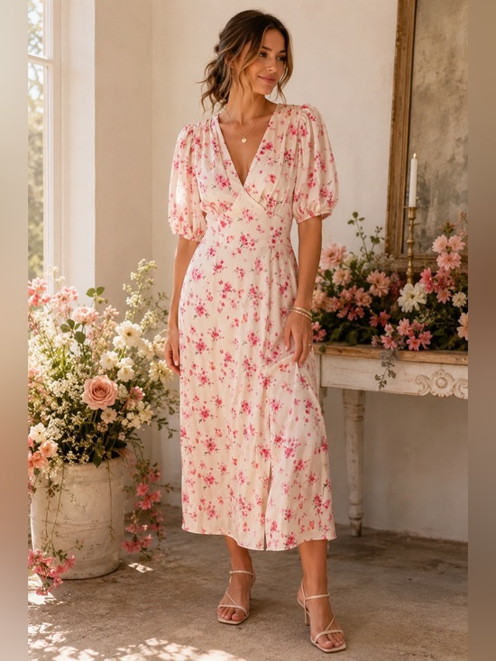 Alexia Admor Dresses & Skirts - Alexia Admor Ditzy Ivory Floral Puff Sleeve Midi Dress NWT Size 6